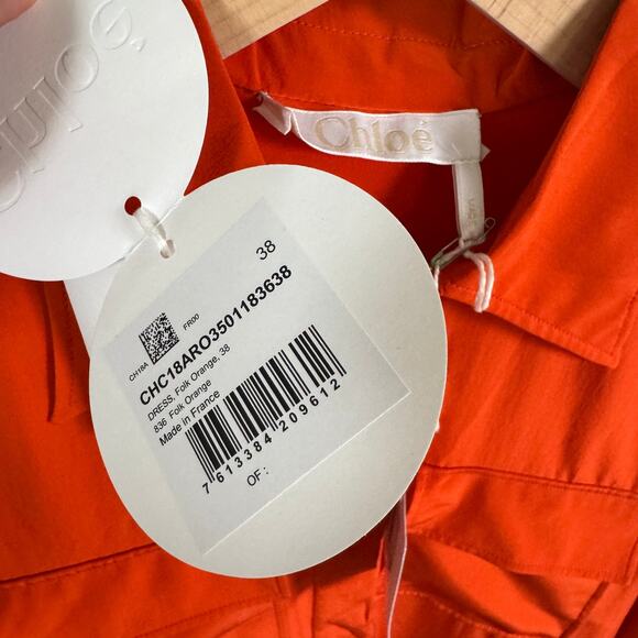 Chloe Folk Orange Silk Midi Shirt Dress 38 NEW De Chine Cravat Floral White Lace - Picture 6 of 7